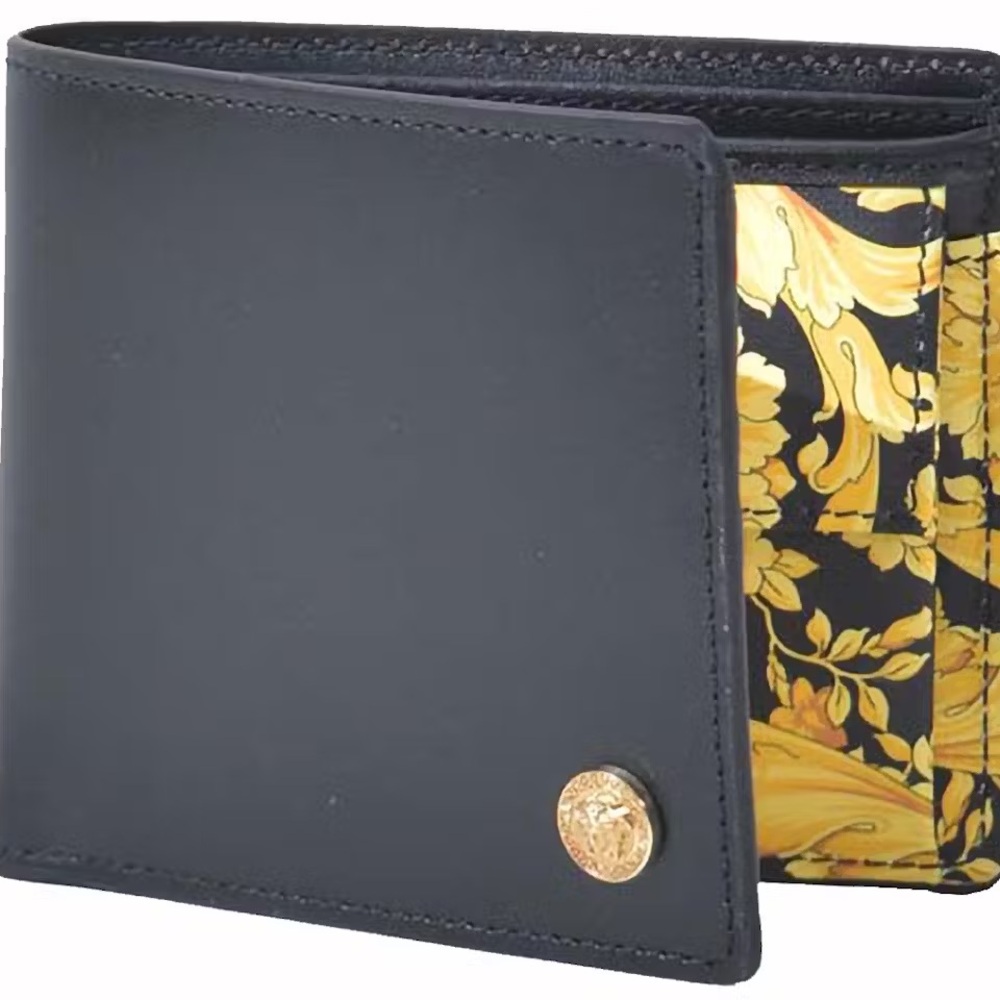 NIB Versace Medusa Logo Barocco Print Bi-Fold Wallet - Black and Gold